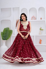 Maroon Mirror & Motif Work Georgette Lehenga Full Length Front View – KL196 – Kalyanja