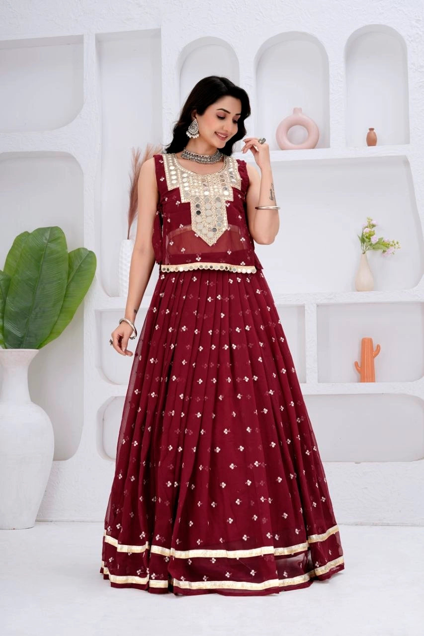Maroon Mirror Work Choli Lehenga Front View – KL196 – Kalyanja