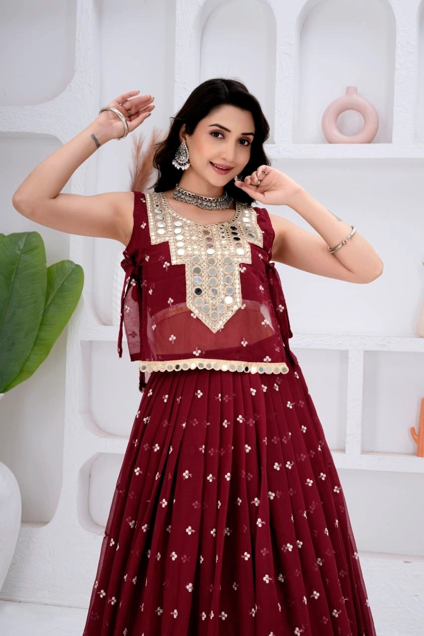 Maroon Lehenga Mirror Work Choli Close Up Detail – KL196 – Kalyanja