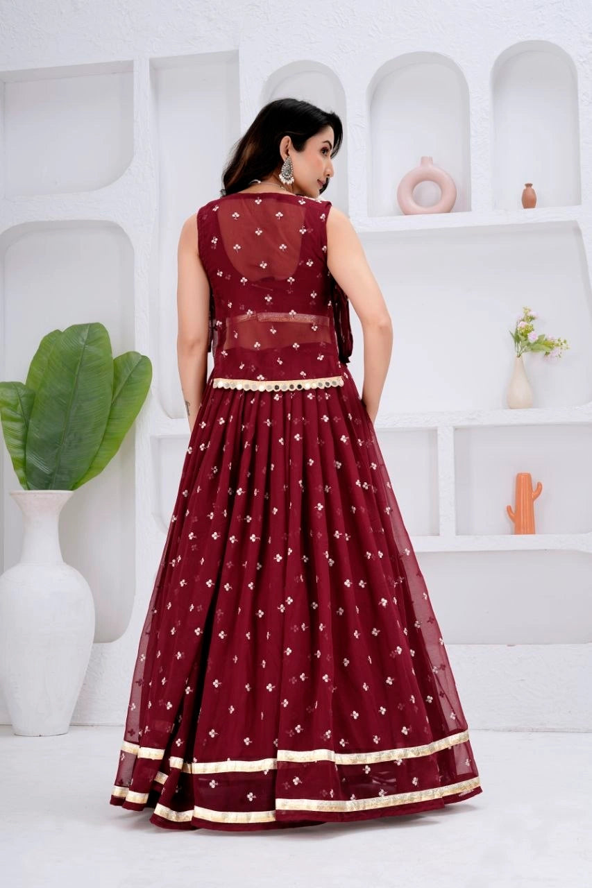Maroon Mirror & Motif Work Lehenga Back View – KL196 – Kalyanja