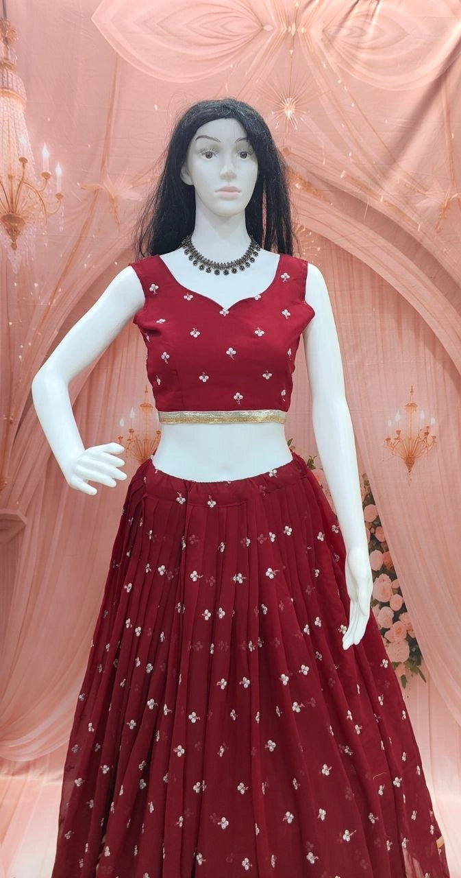 Maroon Georgette Lehenga Crop Choli Mannequin View – KL196 – Kalyanja