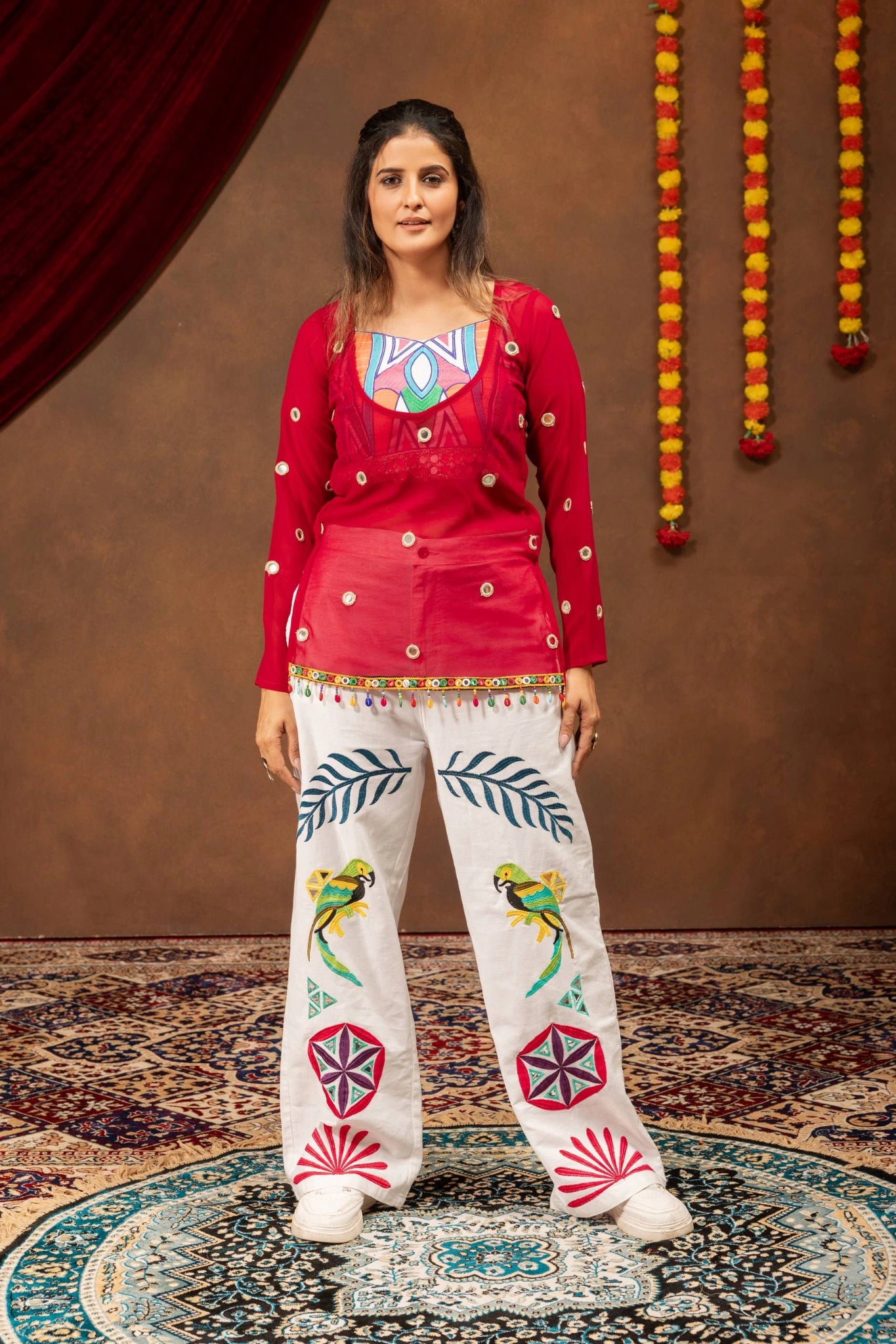 Maroon Mirror Work Coord Set Top Blouse Embroidered Jeans front view Kalyanja KC21