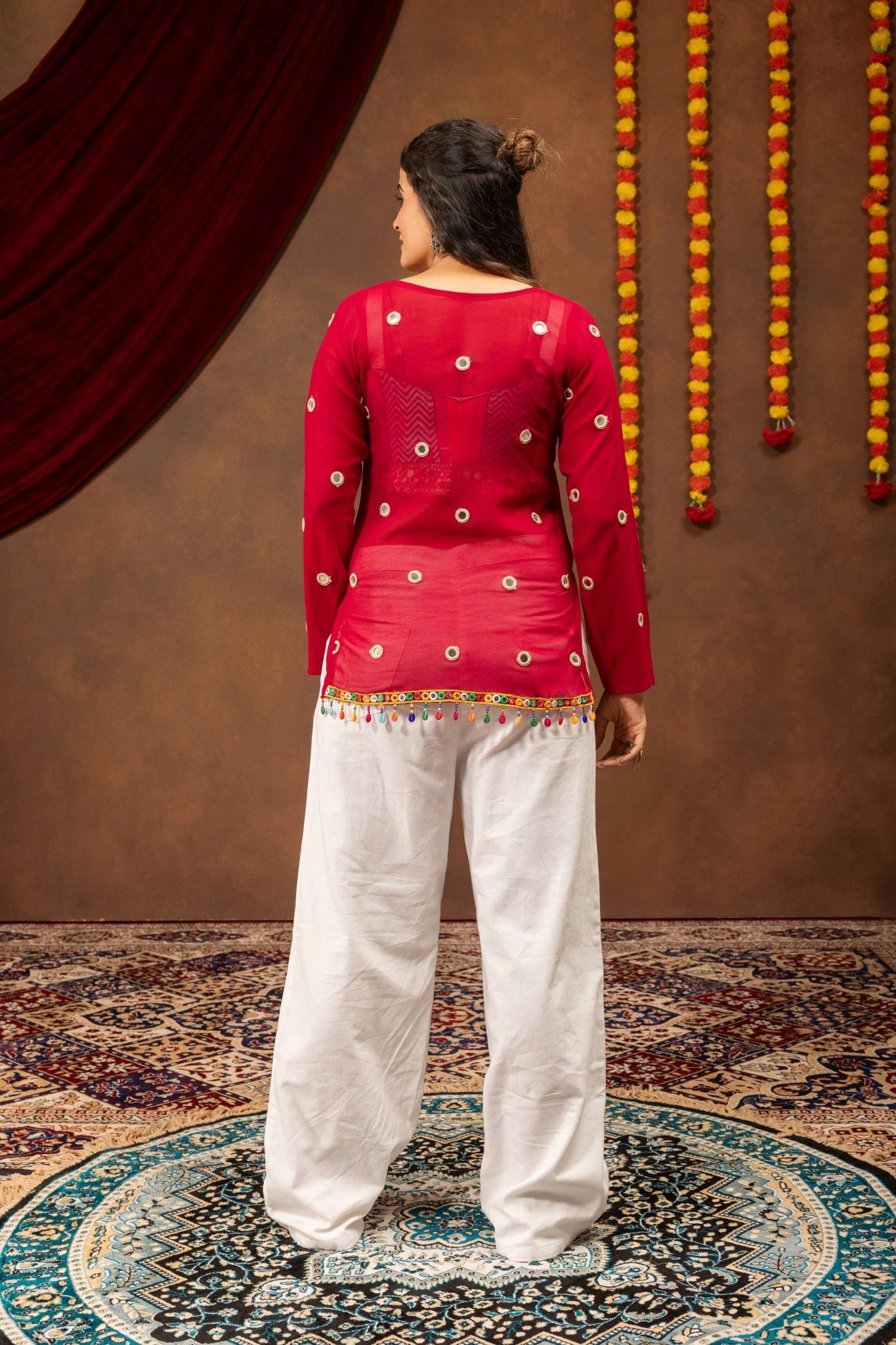 Maroon Mirror Work Coord Set side angle full length Kalyanja KC21