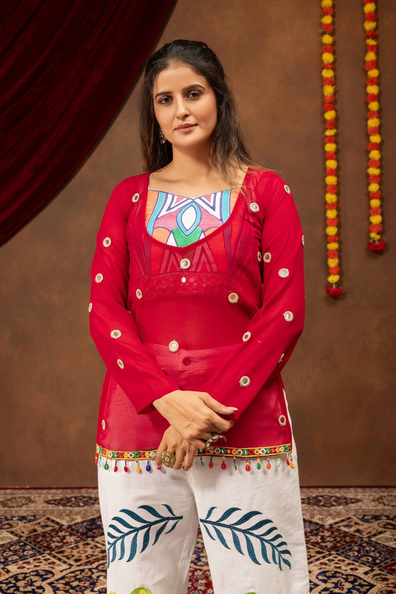Maroon Mirror Work Coord Set close up top mirror work detail Kalyanja KC21