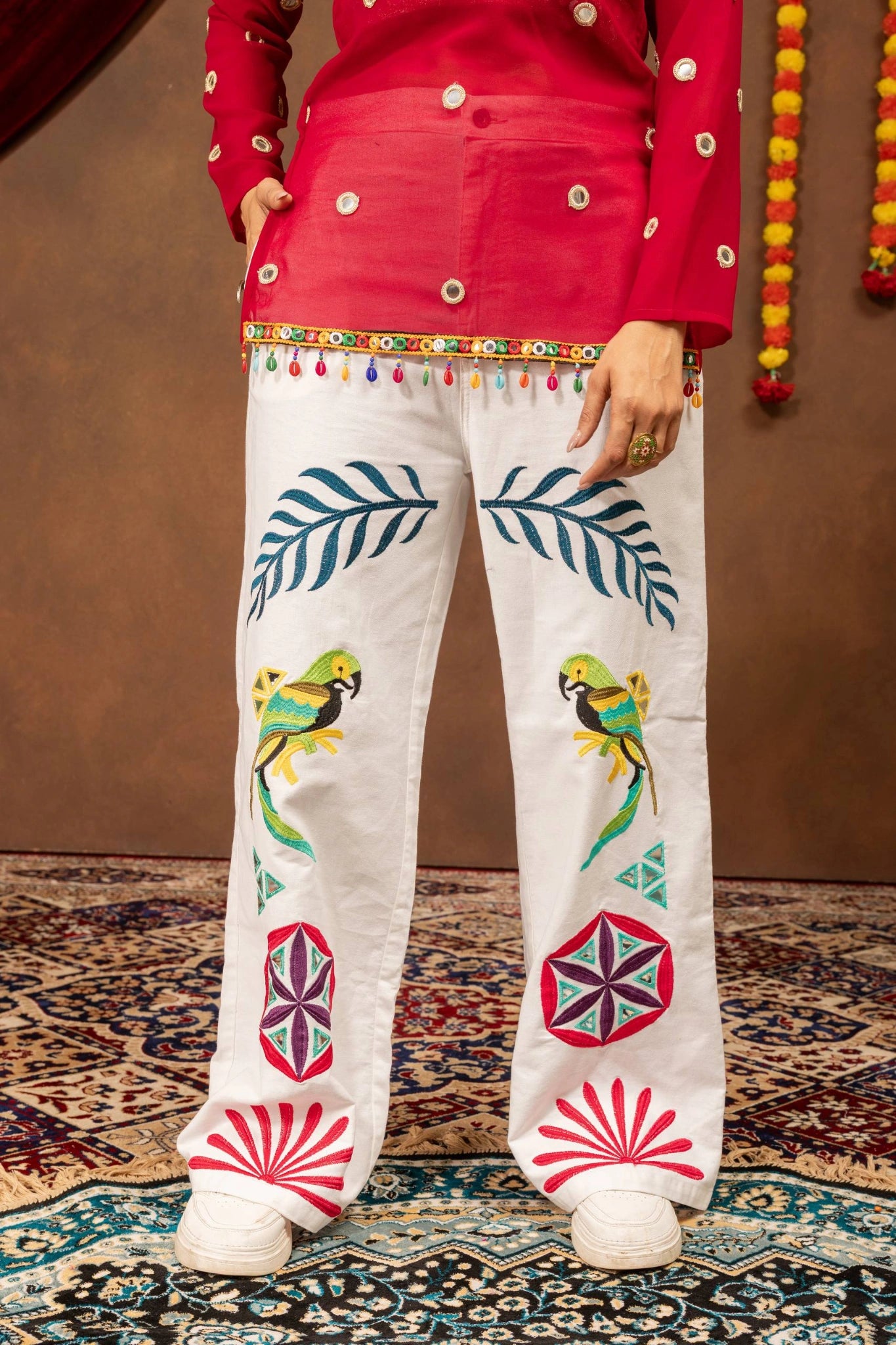Maroon Mirror Work Coord Set white embroidered jeans parrot motif detail Kalyanja KC21