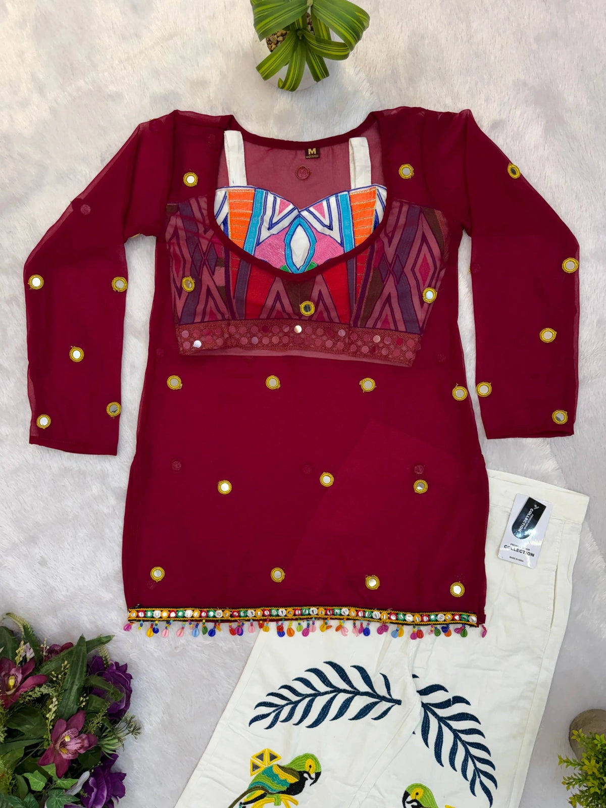Maroon Mirror Work Coord Set close up fringe hem tassel detail Kalyanja KC21