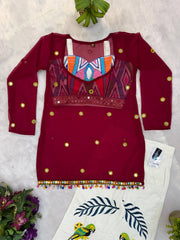 Maroon Mirror Work Coord Set close up fringe hem tassel detail Kalyanja KC21