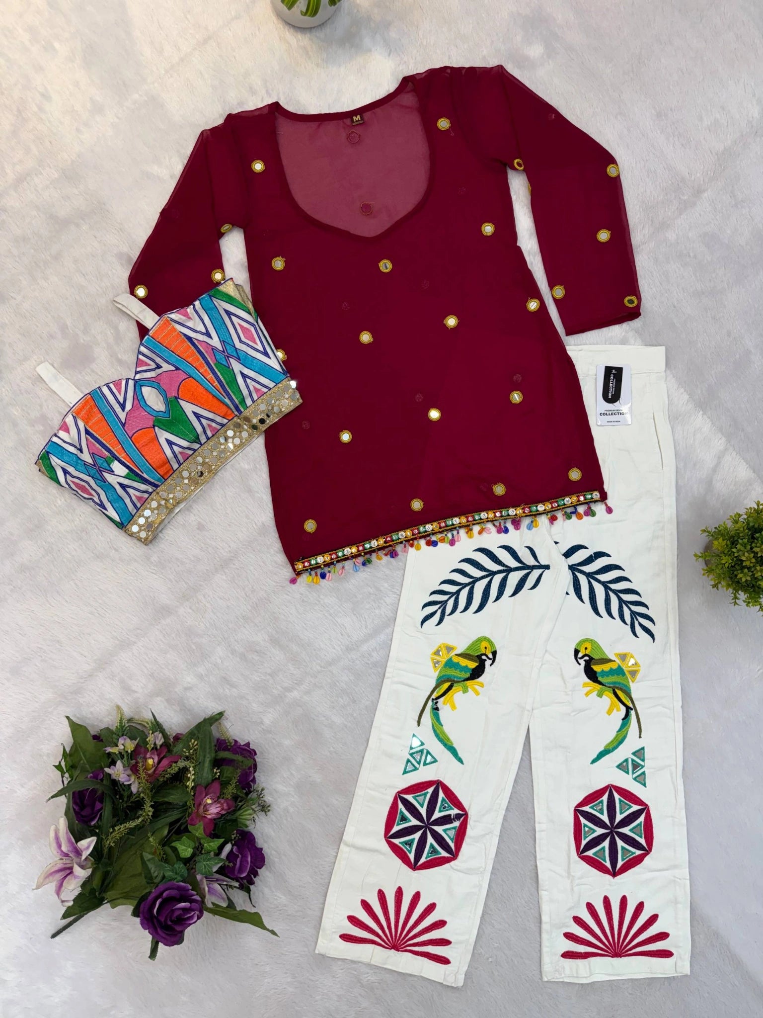 Maroon Mirror Work Coord Set flat lay three piece top blouse jeans Kalyanja KC21