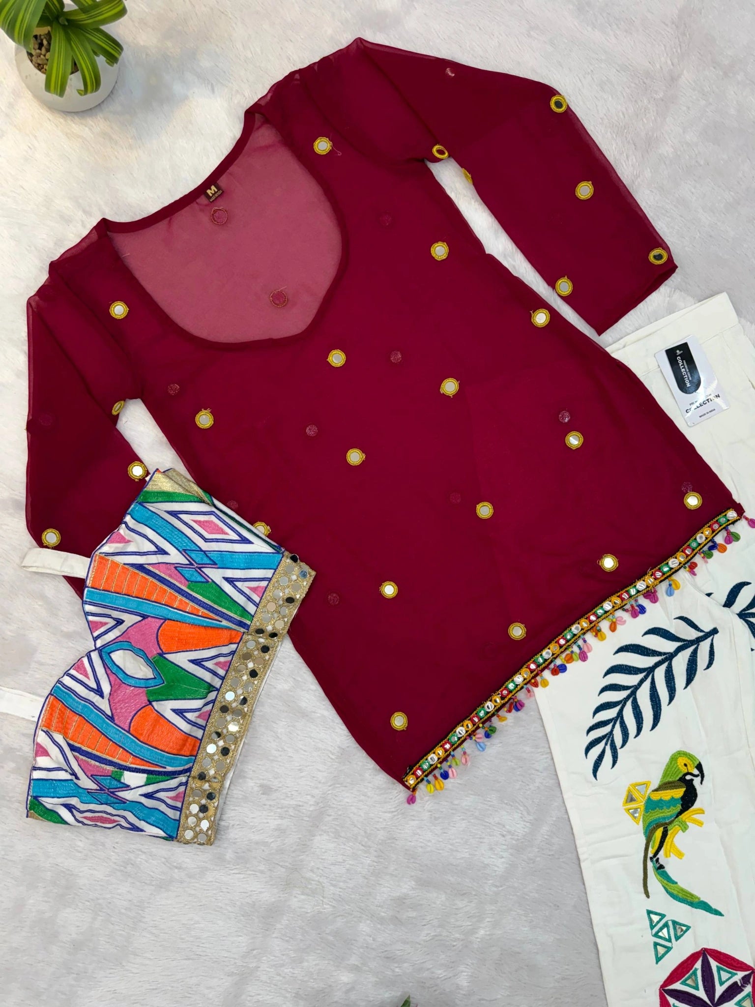 Maroon Mirror Work Coord Set flat lay top close up with printed blouse Kalyanja KC21