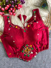 Maroon Multi Thread Mirror Work Blouse – front flat lay showing sweetheart neckline, cowrie shells and mirror embellishments