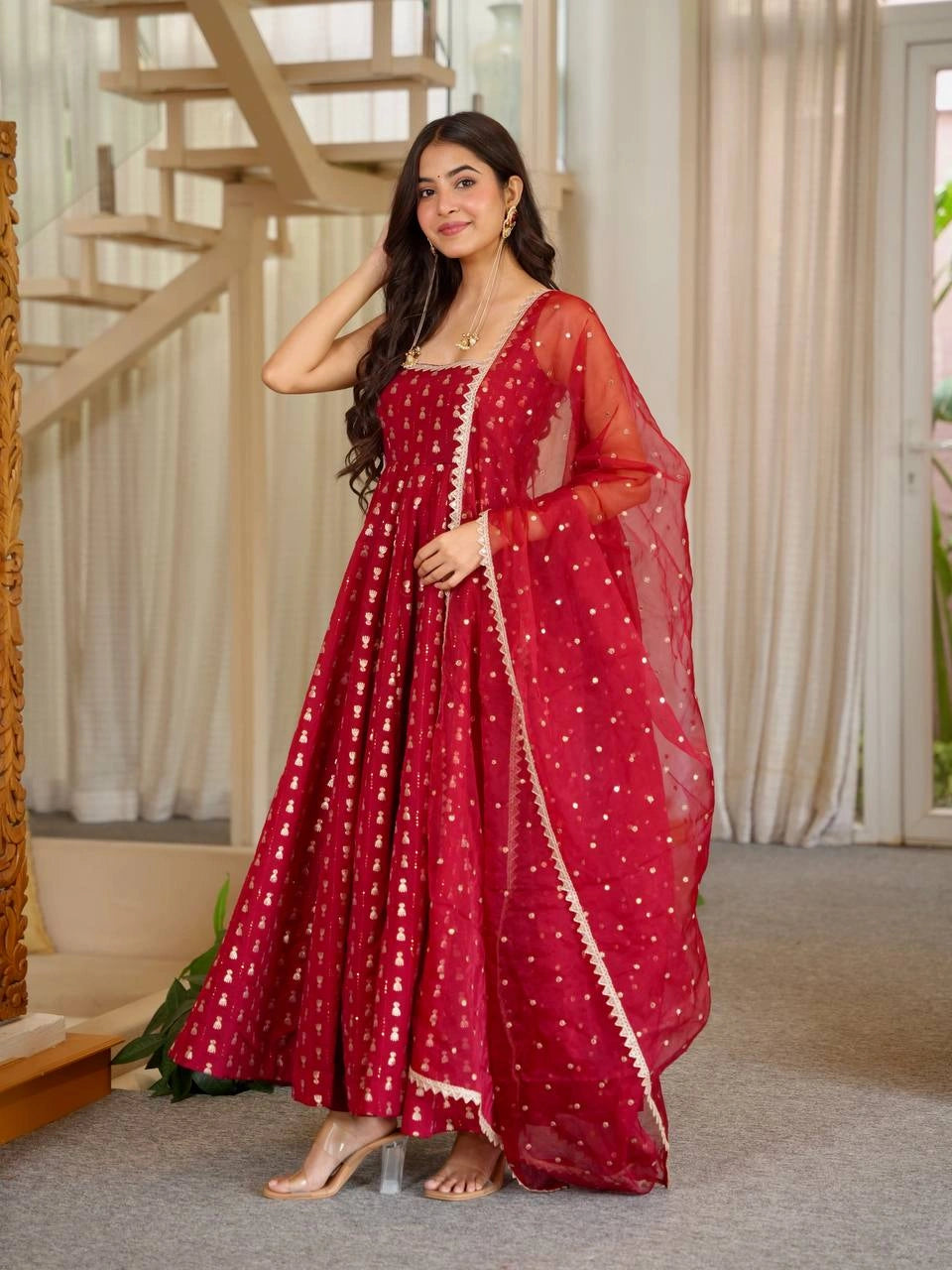 Maroon Sequins Anarkali Suit front view model smiling Chinon all-over jhumka motifs KU286
