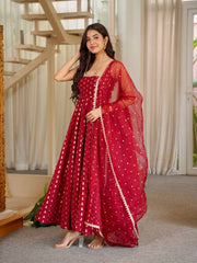 Maroon Sequins Anarkali Suit front view model smiling Chinon all-over jhumka motifs KU286