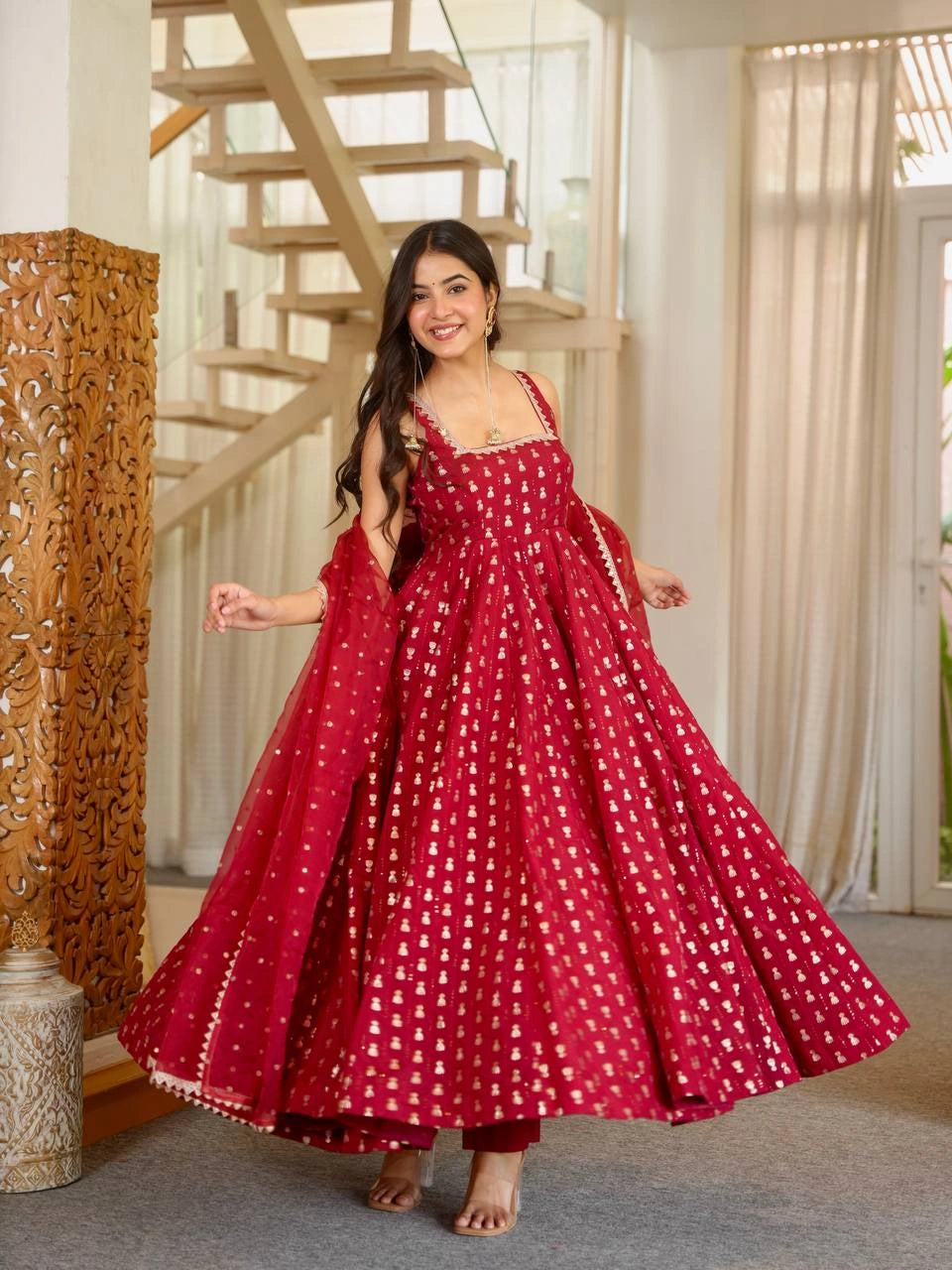 Maroon Sequins Anarkali Suit twirling showing full Anarkali flair and dupatta