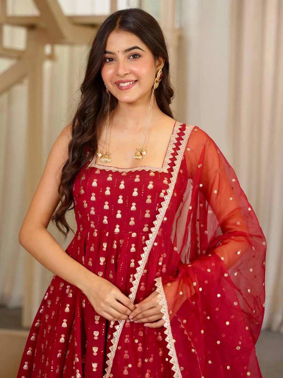Maroon Anarkali Suit close up portrait showing square neckline and all-over sequins jhumka embroidery