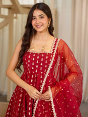 Maroon Anarkali Suit close up portrait showing square neckline and all-over sequins jhumka embroidery