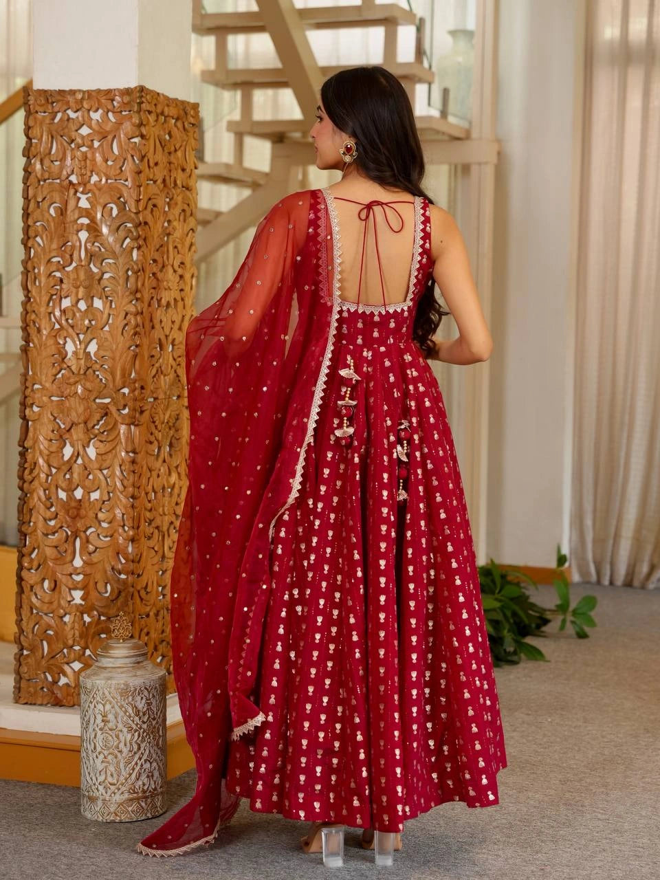 Maroon Sequins Anarkali Suit back view showing U-back tie-up design with tassels