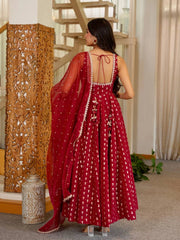 Maroon Sequins Anarkali Suit back view showing U-back tie-up design with tassels
