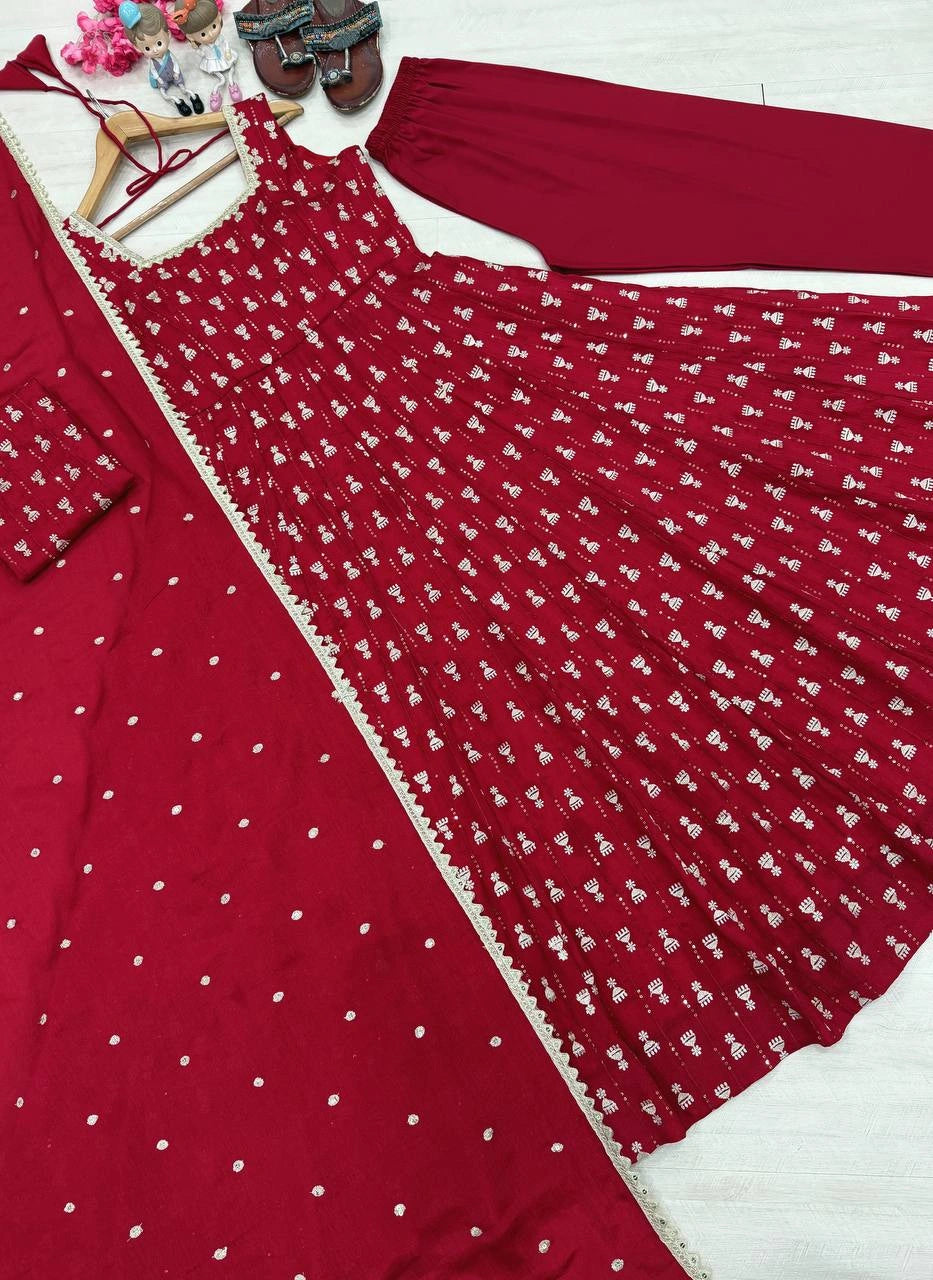 Maroon Anarkali Suit flat lay 3-piece set with straight pant and sequins booti dupatta