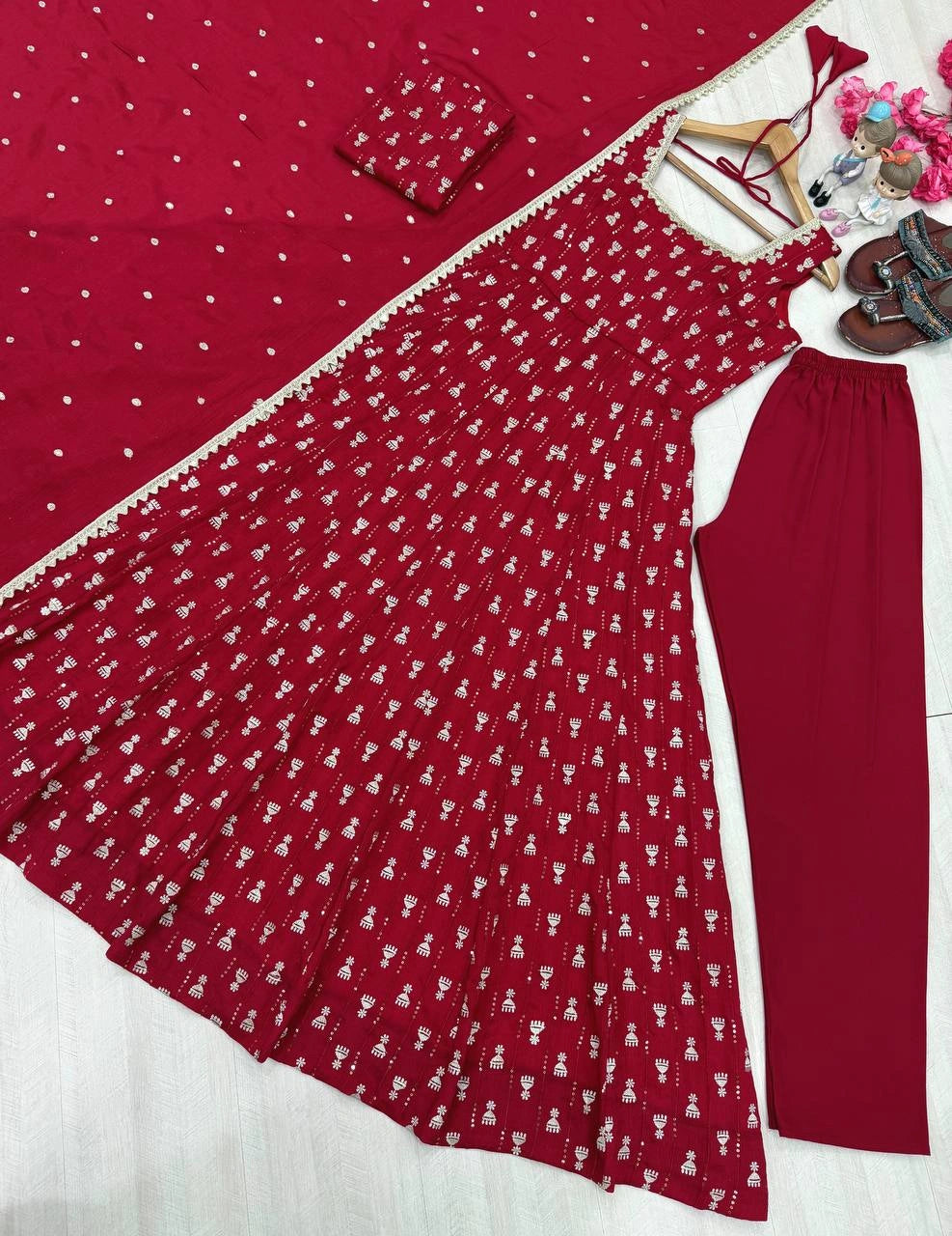 Maroon Sequins Anarkali Suit flat lay close-up showing all-over jhumka motif embroidery
