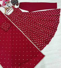 Maroon Anarkali Suit flat lay top view with pant and dupatta showing lace border