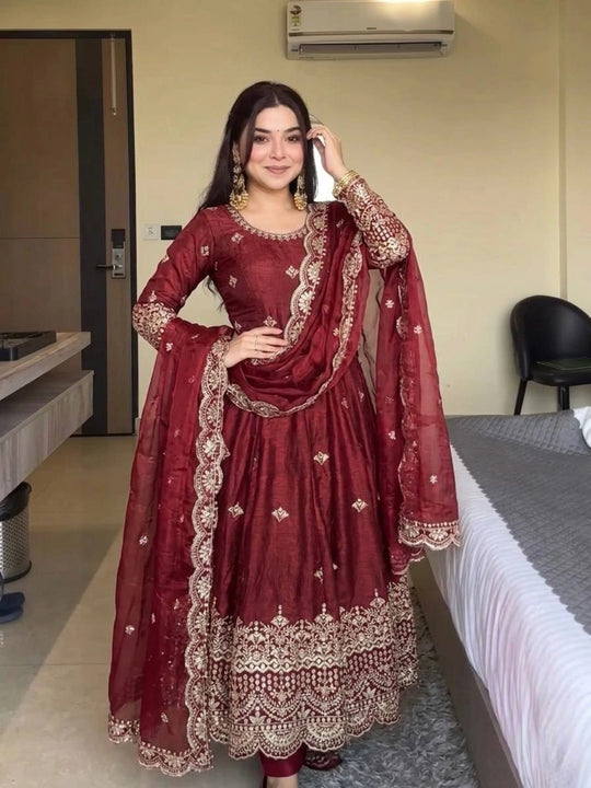Maroon Sequins Embroidered Anarkali Suit front full-length model – Kalyanja KU299