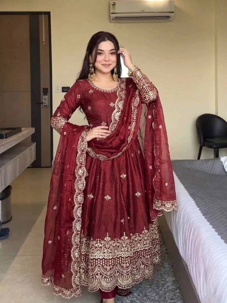 Maroon Sequins Embroidered Anarkali Suit front full-length model – Kalyanja KU299