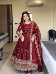 Maroon Sequins Embroidered Anarkali Suit model standing indoor – Kalyanja KU299