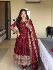 Maroon Sequins Embroidered Anarkali Suit model indoor side angle – Kalyanja KU299