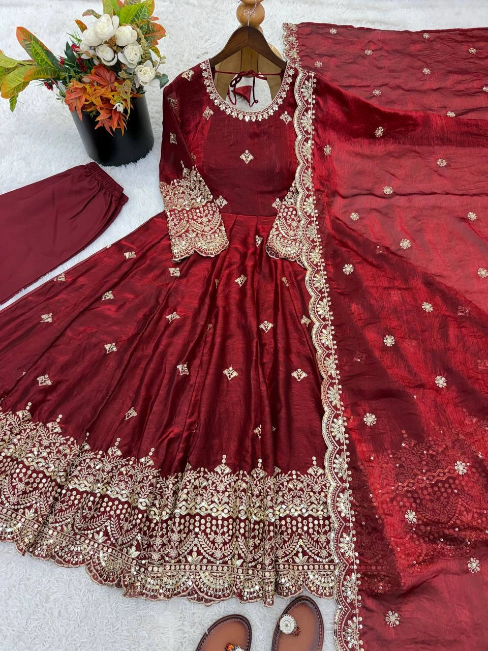 Maroon Anarkali Suit flat lay close-up hem sequins border detail – Kalyanja KU299