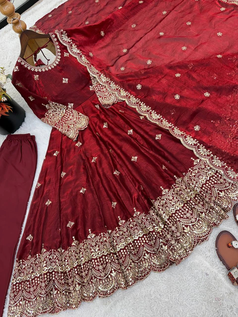 Maroon Sequins Embroidered Anarkali Suit flat lay full set with pant – Kalyanja KU299