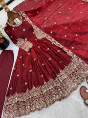 Maroon Sequins Embroidered Anarkali Suit flat lay full set with pant – Kalyanja KU299