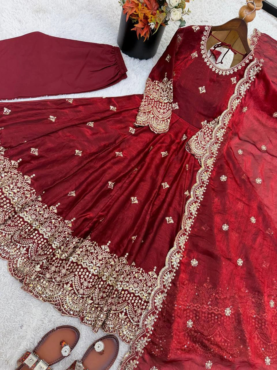 Maroon Sequins Embroidered Anarkali Suit flat lay full product view – Kalyanja KU299