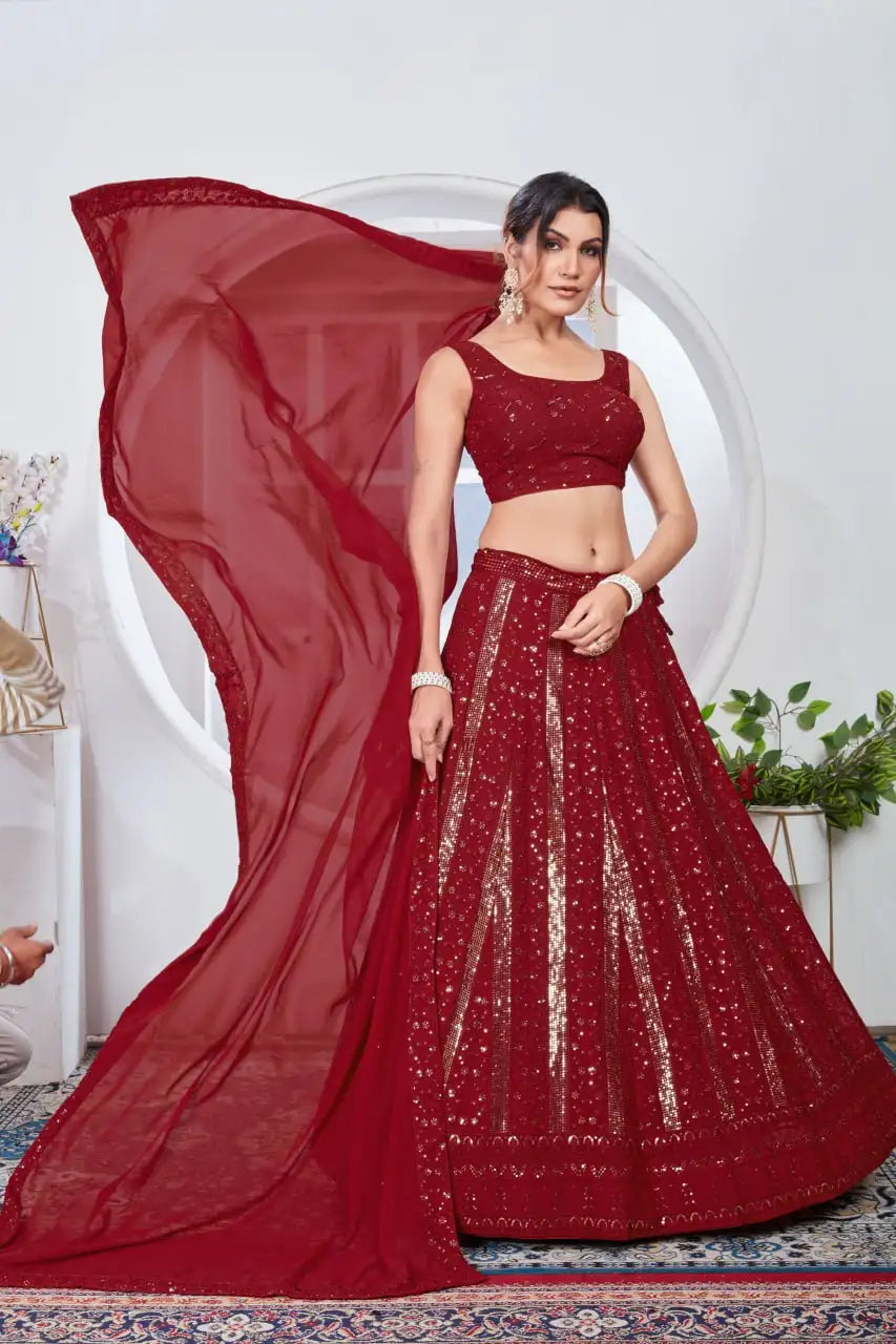 Maroon Sequins Embroidered Thread Work Lehenga flying dupatta front view – Kalyanja KL165