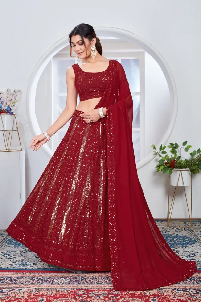 Maroon Faux Georgette Silk Lehenga side flair pose with dupatta – Kalyanja KL165