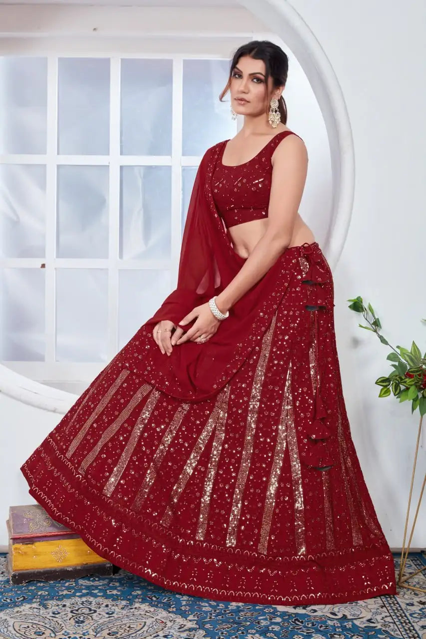 Maroon Sequins Lehenga seated editorial pose sleeveless choli – Kalyanja KL165