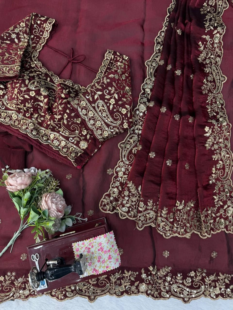 Maroon saree sequins and thread work border detail