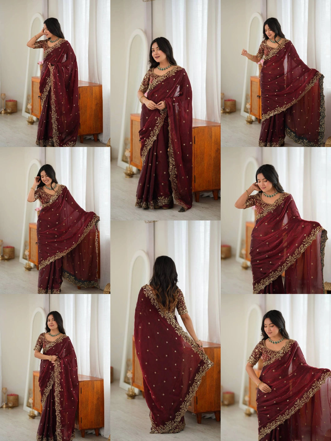 Maroon Sequins Embroidered with Thread Work Saree KS352 all views