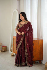 Maroon Sequins Embroidered with Thread Work Saree – full drape view