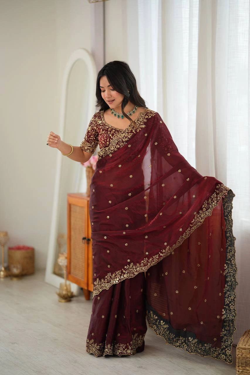 Maroon fendy silk saree pallu drape side view