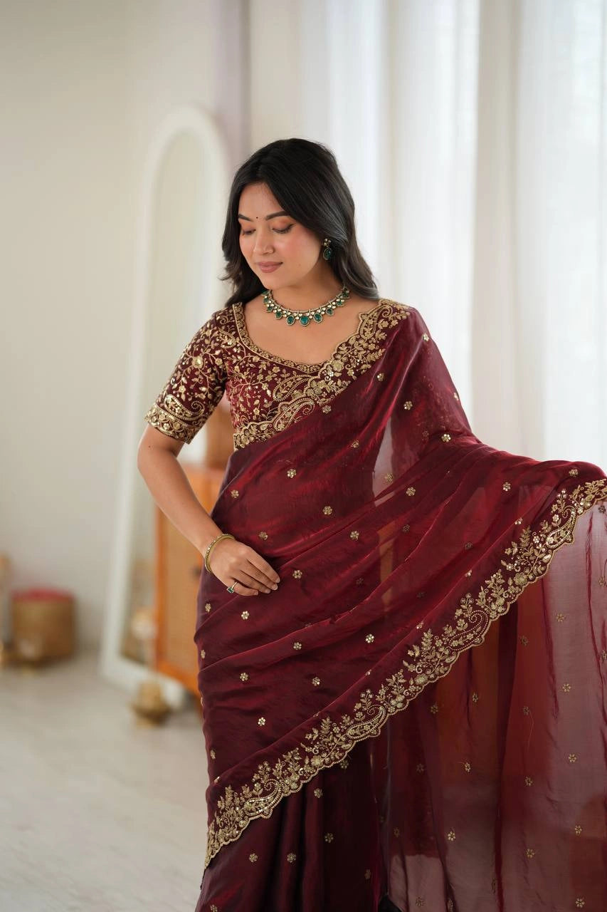 Maroon saree front view with embroidered scallop border
