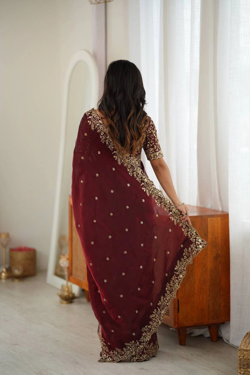 Maroon Sequins Embroidered with Thread Work Saree back view