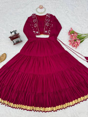 Maroon Tiered Lehenga Gota Patti Border Full Flat Lay – KL200 – Kalyanja