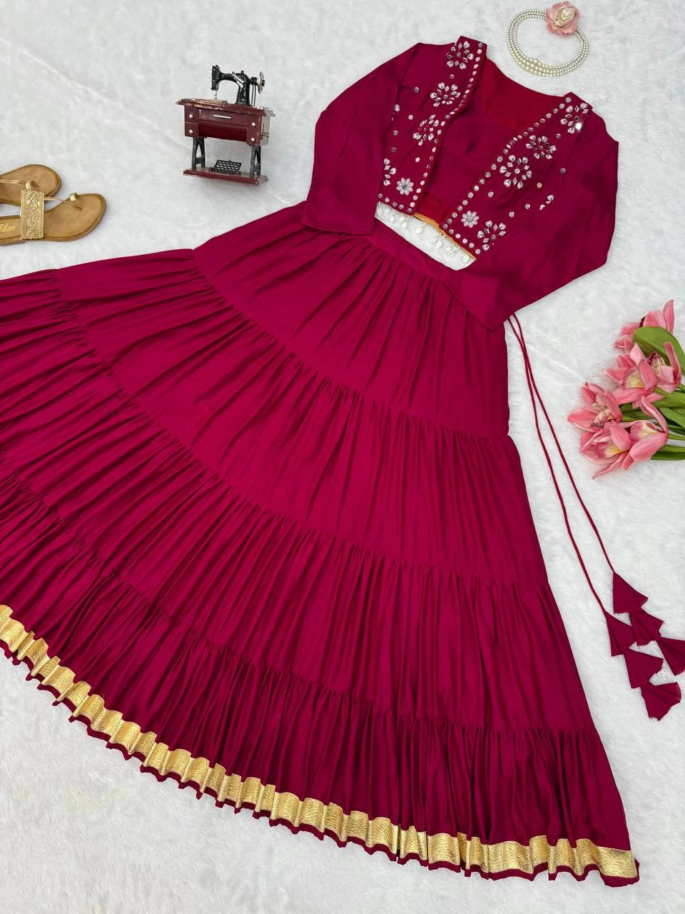 Maroon Thread Embroidered Lehenga Full Set Flat Lay With Accessories – KL200 – Kalyanja