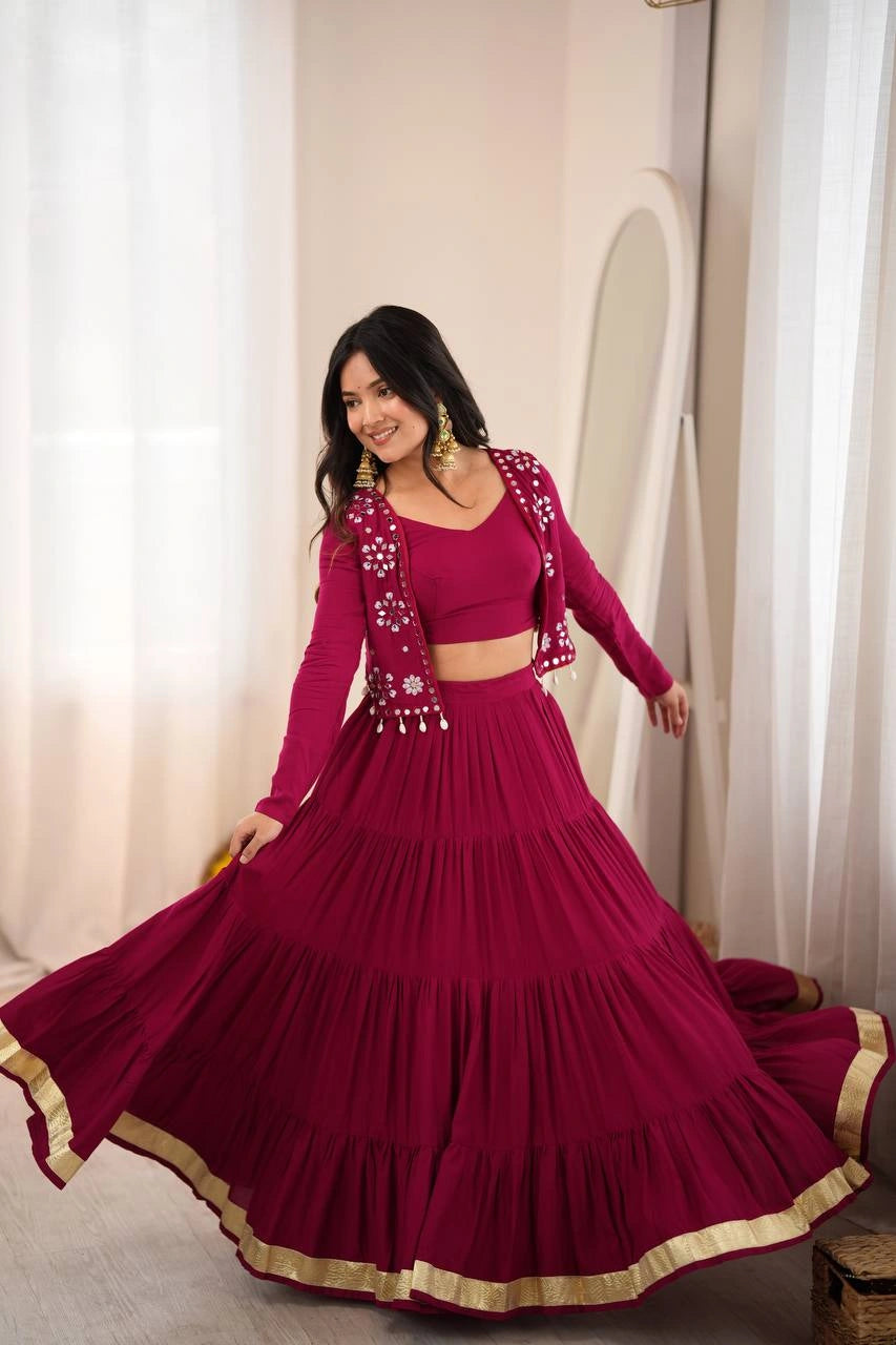 Maroon Thread Embroidered Gota Patti Mirror Lehenga Full Front View – KL200 – Kalyanja