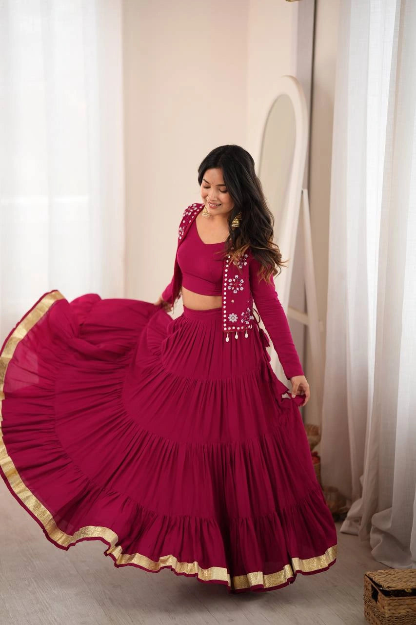 Maroon Rayon Blend Lehenga Spinning Flair Front View – KL200 – Kalyanja