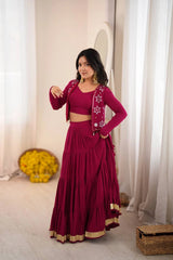 Maroon Thread Embroidered Jacket Lehenga Front View – KL200 – Kalyanja