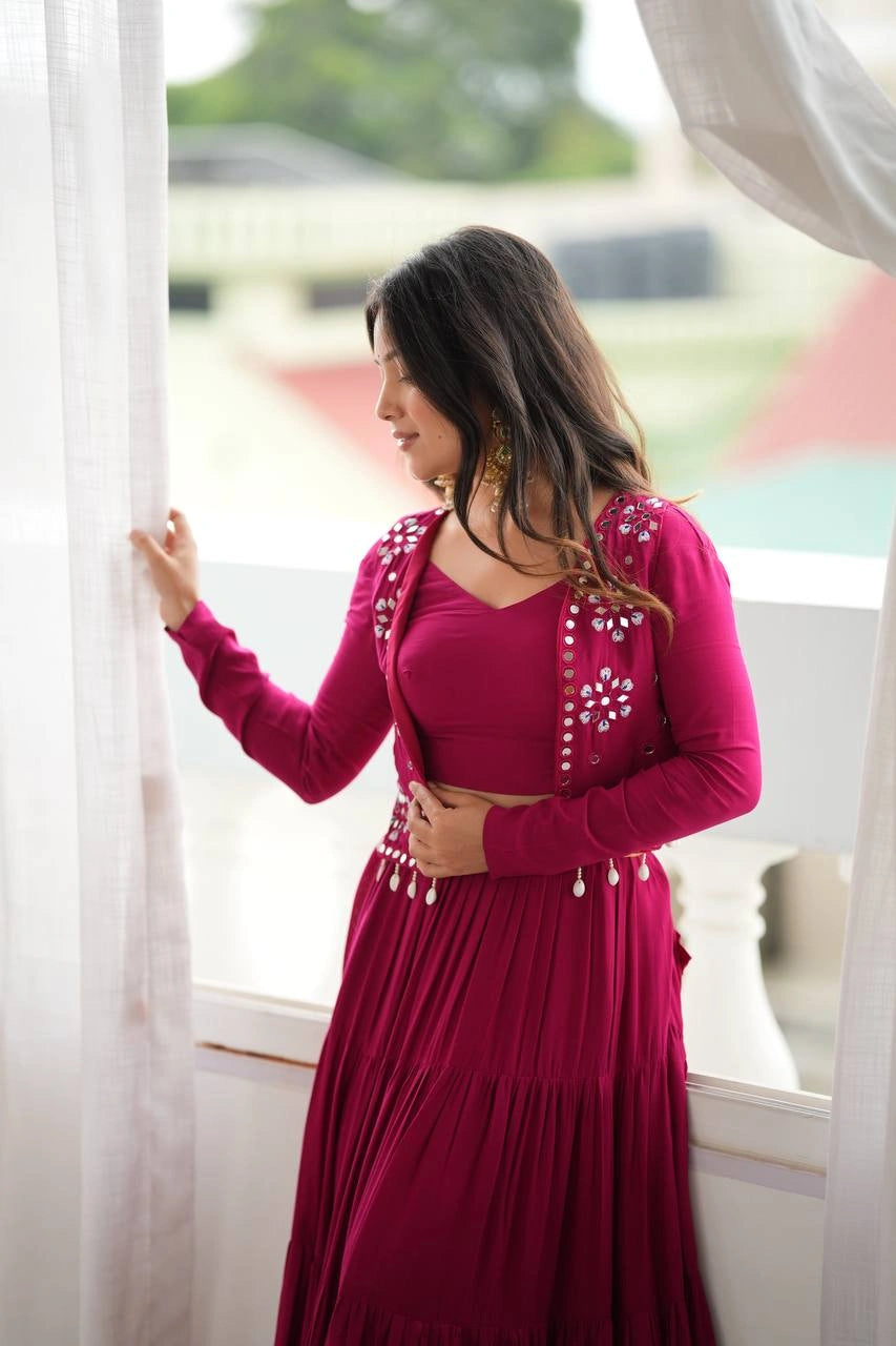 Maroon Embroidered Jacket Lehenga Window Editorial Shot – KL200 – Kalyanja