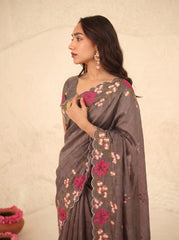 Mauve Floral Border Silk Saree - Back Drape View - Kalyanja KS163