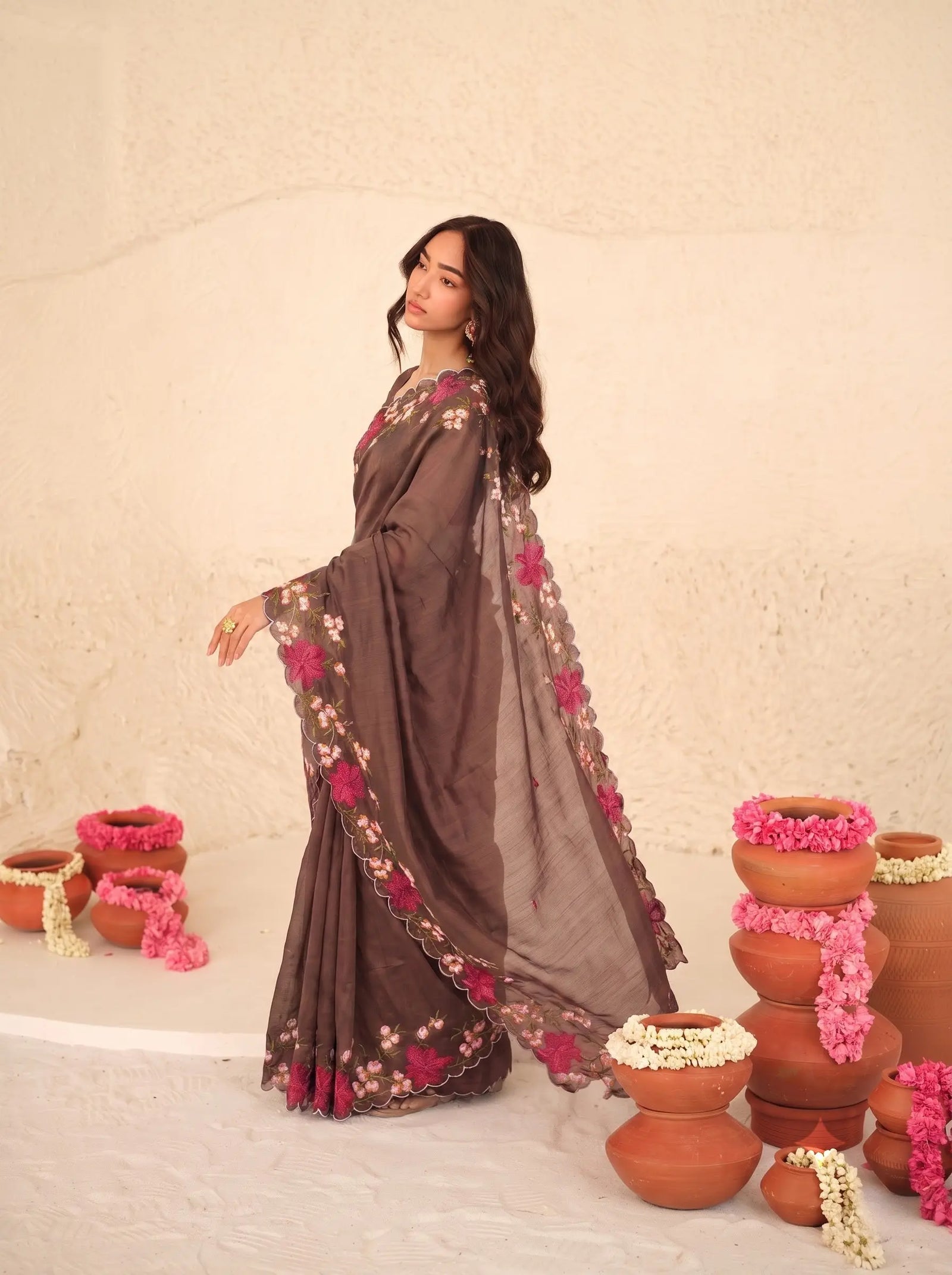 Mauve Floral Embroidered Silk Saree Scallop Border - Front Drape - Kalyanja KS163
