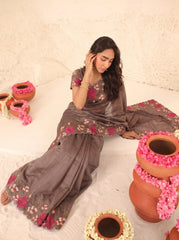Mauve Floral Embroidered Silk Saree - Drape View - Kalyanja KS163
